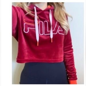 FILA Embroidered Graphic Long Sleeve Velour Cropped Hoodie Red White Orange S
